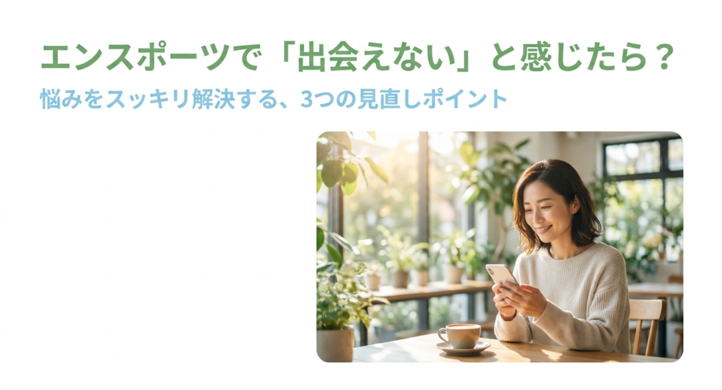 「エンスポーツで『出会えない』と感じたら？悩みをスッキリ解決する、3つの見直しポイント」と書かれ、カフェでスマートフォンを見る女性が描かれた画像