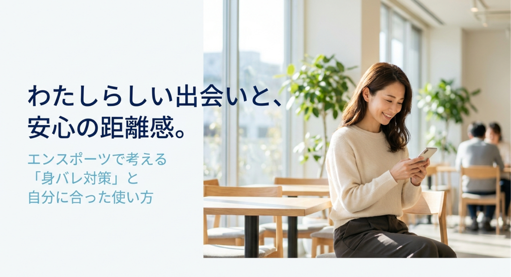 明るいカフェでスマートフォンを操作する女性とともに、「わたしらしい出会いと、安心の距離感。エンスポーツで考える『身バレ対策』と自分に合った使い方」と表示された、エンスポーツの身バレ対策を紹介するアイキャッチ画像。