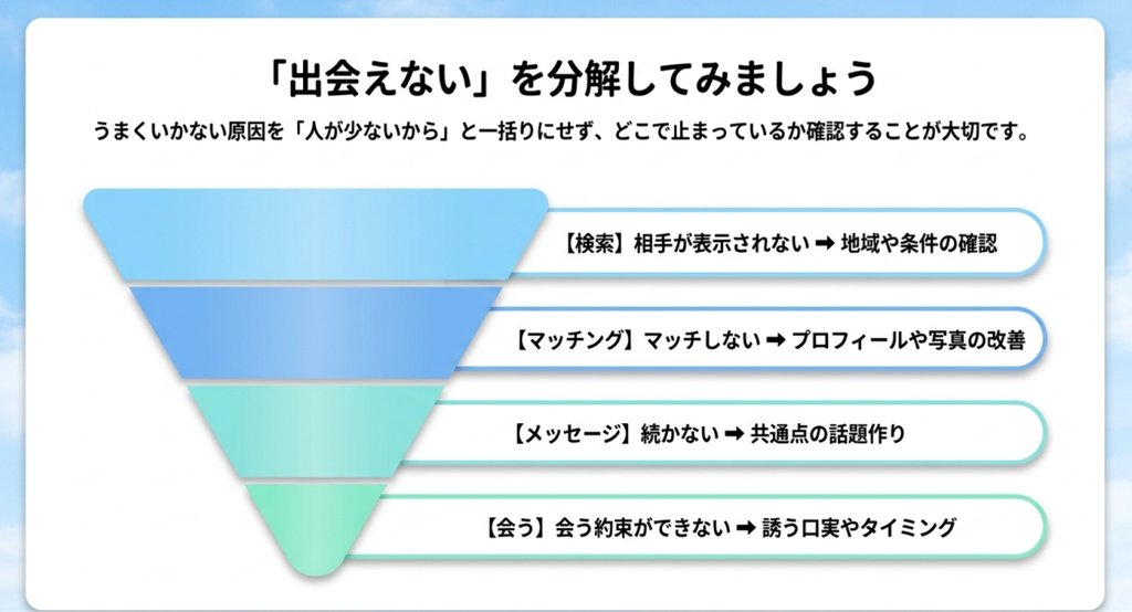 出会えない原因を、検索で相手が表示されない、マッチしない、メッセージが続かない、会う約束ができないの4段階に分けて確認する流れを示した図