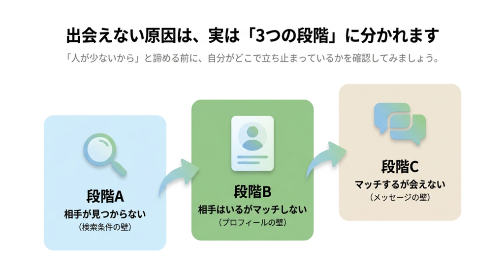 出会えない原因を、段階A「相手が見つからない」、段階B「相手はいるがマッチしない」、段階C「マッチするが会えない」の3段階に分けた図