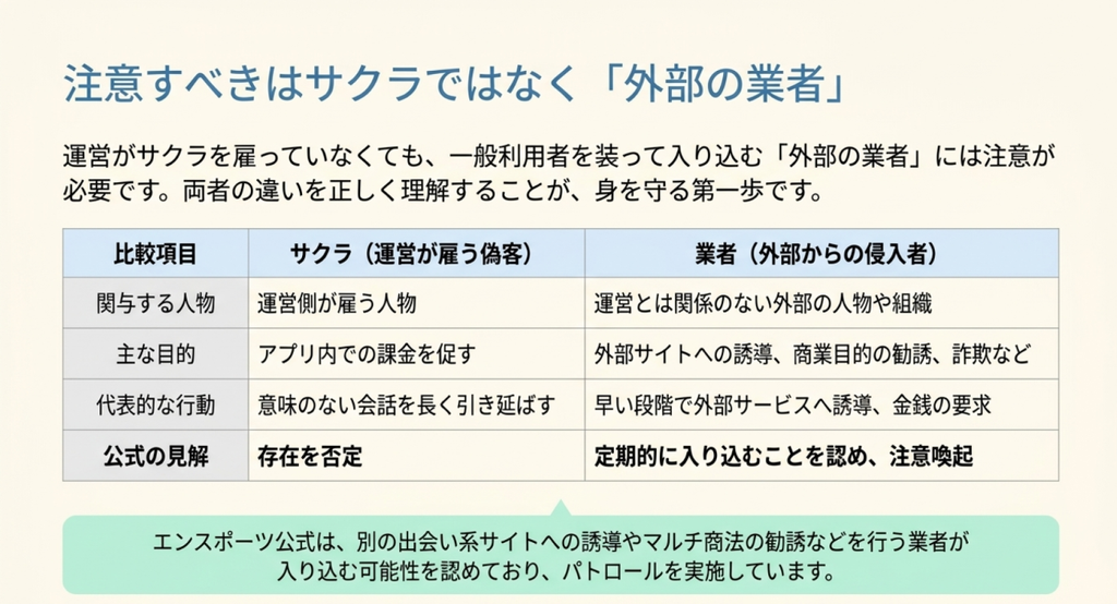 サクラと外部業者について、運営との関係、活動の目的、代表的な行動、エンスポーツ公式の見解を比較した一覧表