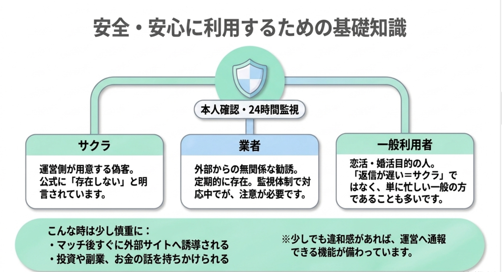 サクラ、業者、一般利用者の違いを整理し、本人確認や24時間監視、外部サイトへの誘導や投資・副業勧誘への注意点を示した安全対策の図