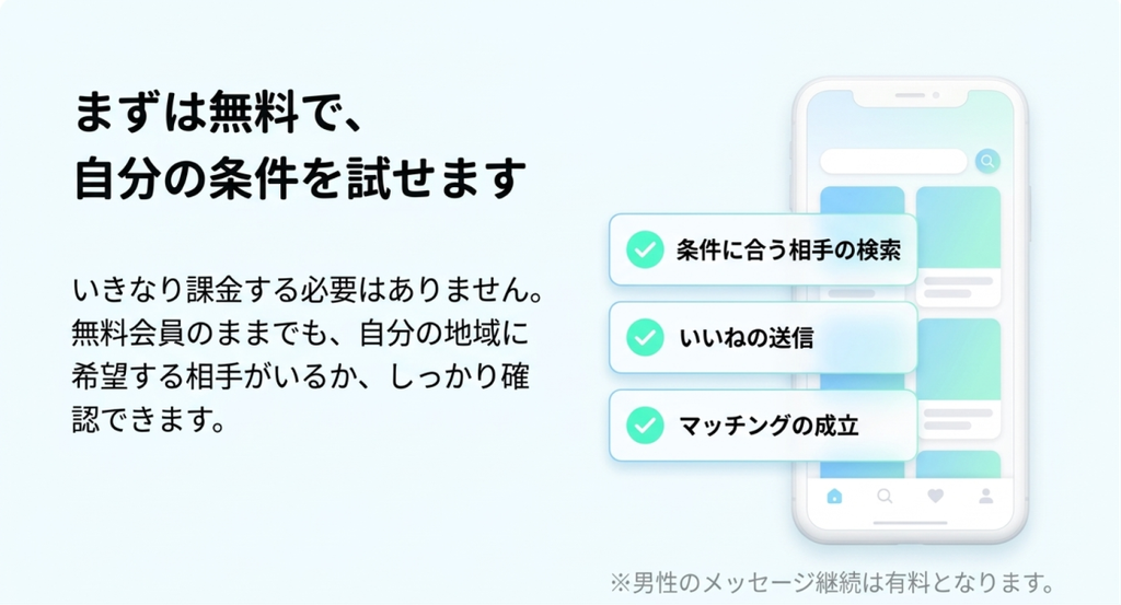 無料会員でも条件に合う相手の検索、いいねの送信、マッチング成立まで確認でき、男性のメッセージ継続は有料になることを示した画像
