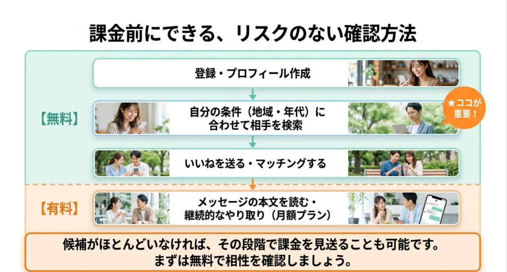 登録とプロフィール作成、地域や年代での相手検索、いいねとマッチングまでは無料で確認し、メッセージ本文の閲覧や継続的なやり取りは有料になる流れを示したスライド