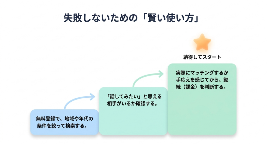 無料登録で地域や年代の条件を設定し、話してみたい相手がいるか確認してから、実際にマッチングする手応えを見て継続や課金を判断する3ステップを示した図