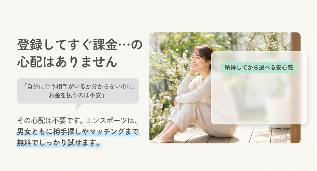 花が咲く庭先でくつろぐ女性の写真と「登録してすぐ課金…の心配はありません」という見出しを配置した画像。自分に合う相手がいるかわからない段階で料金を払う不安に触れ、男女ともに相手探しやマッチングまで無料で試せることを説明している。