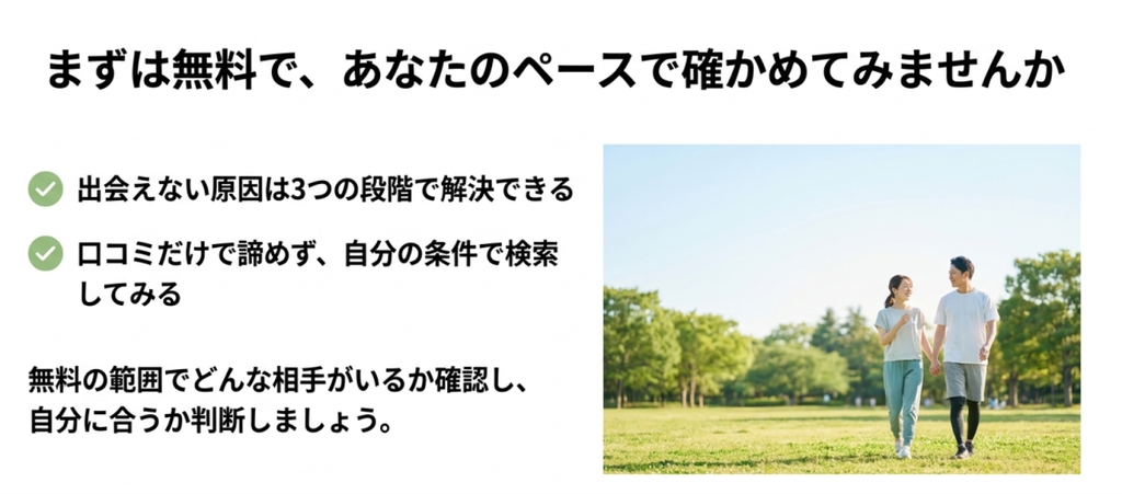出会えない原因を3段階で確認し、口コミだけで諦めず自分の条件で検索したうえで、無料範囲でどんな相手がいるか確かめて判断する流れを示したまとめ画像