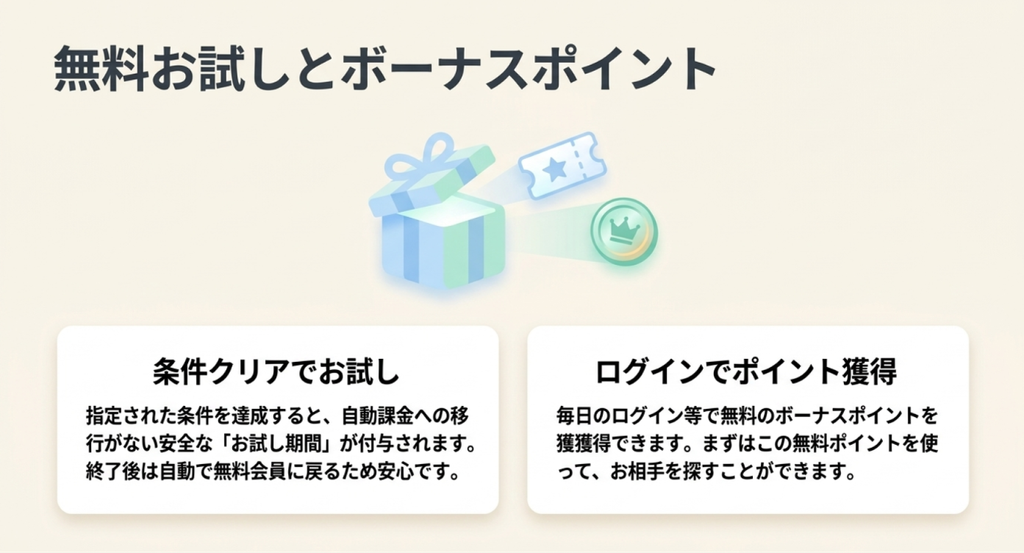 エンスポーツの無料お試しとボーナスポイントを紹介する図解。指定条件の達成で自動課金のないお試し期間が付与され、終了後は無料会員に戻る仕組みと、毎日のログインなどで無料ポイントを獲得できることを説明している。