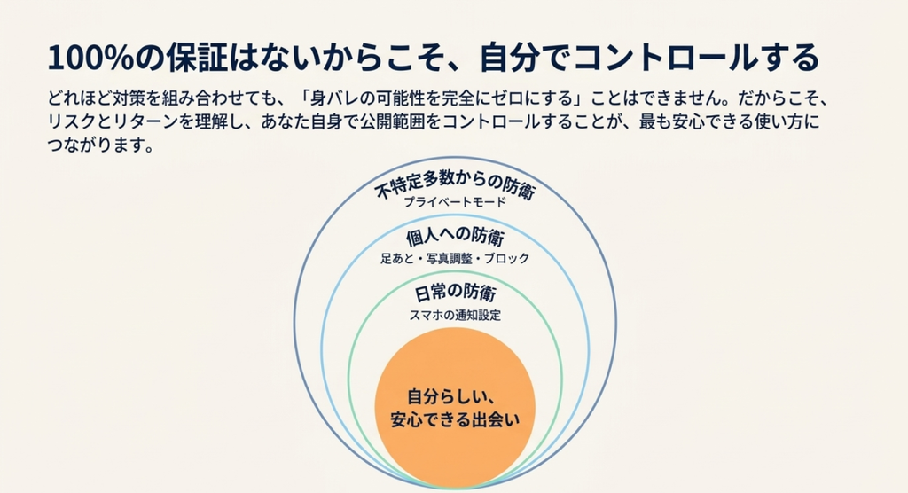 プライベートモード、足あとや写真調整、ブロック、スマホ通知設定を重ね、身バレを完全にゼロにするのではなく公開範囲を自分でコントロールする考え方を示した図