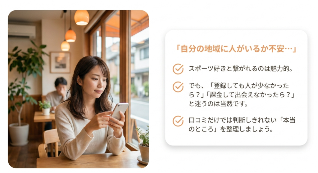 スポーツ好きとつながれる魅力がある一方で、登録後に人が少ない場合や課金しても出会えない場合への不安を整理し、口コミだけで判断しないことを示した画像