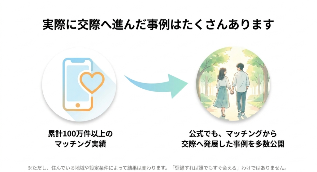 累計100万件以上のマッチング実績があり、公式でもマッチングから交際へ発展した事例が多数公開されていることを示した画像