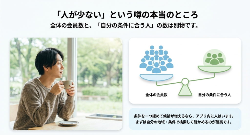 「人が少ない」という噂について、全体の会員数と自分の条件に合う人の数は別物であり、条件を緩めて候補が増えるか確認する考え方を天秤の図で説明した画像