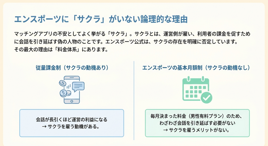 メッセージごとに課金される従量課金制と、エンスポーツが採用する基本月額制の違いから、サクラを雇う動機について説明した比較図