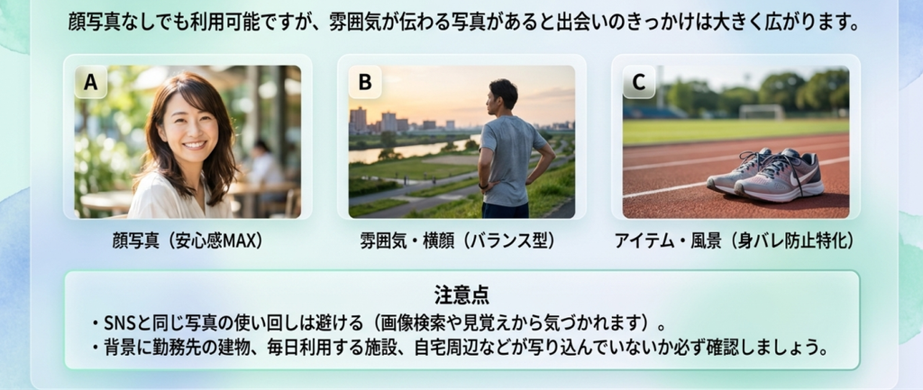 顔写真、雰囲気が伝わる横顔、スポーツ用品や風景の3種類を比較し、安心感と身バレ対策のバランスやSNSと同じ写真を避ける注意点を示した図