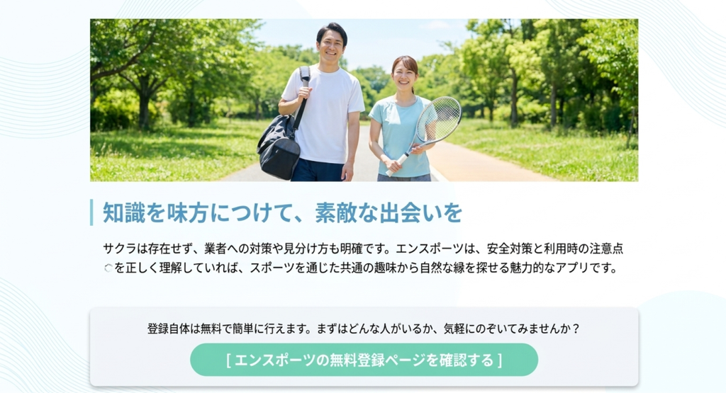 テニスラケットを持って公園を歩く男女の写真と、サクラに関する公式見解や業者への注意点を理解し、無料登録から出会いを探すための案内