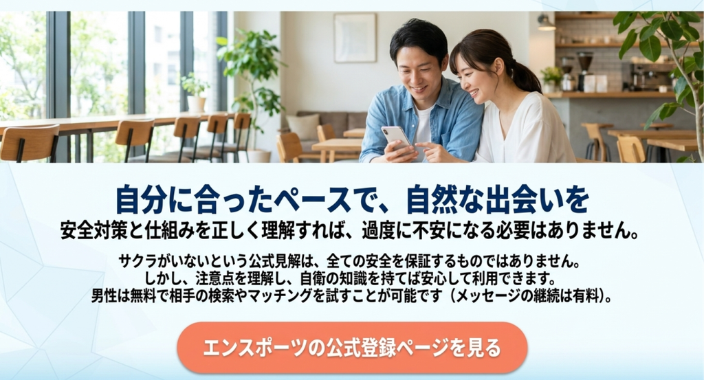 テニスラケットを持って公園を歩く男女の写真と、サクラに関する公式見解や業者への注意点を理解し、無料登録から出会いを探すための案内
