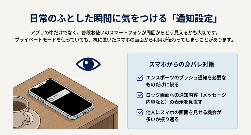スマートフォンのロック画面や通知内容からアプリ利用を知られないために、必要な通知だけに絞り、表示内容を見直す対策を示した図
