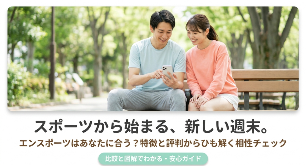 公園のベンチでスマートフォンを見る男女と「スポーツから始まる、新しい週末。エンスポーツはあなたに合う?」と書かれた相性チェックの導入スライド