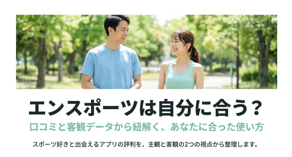 緑の多い公園を歩くスポーツウェア姿の男女と、「エンスポーツは自分に合う？」「口コミと客観データから紐解く、あなたに合った使い方」「スポーツ好きと出会えるアプリの評判を、主観と客観の2つの視点から整理します。」と書かれた導入スライド。