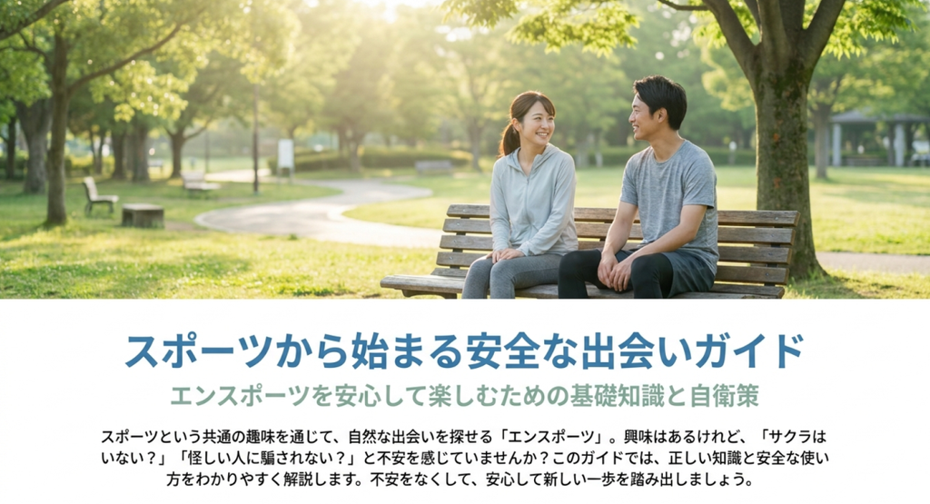 緑豊かな公園のベンチに座り、笑顔で会話するスポーツウェア姿の男女。画像には「スポーツから始まる安全な出会いガイド」「エンスポーツを安心して楽しむための基礎知識と自衛策」と記載され、サクラや不審な利用者への不安を解消するための利用ガイドを紹介している。