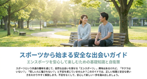 緑豊かな公園のベンチに座り、笑顔で会話するスポーツウェア姿の男女。画像には「スポーツから始まる安全な出会いガイド」「エンスポーツを安心して楽しむための基礎知識と自衛策」と記載され、サクラや不審な利用者への不安を解消するための利用ガイドを紹介している。