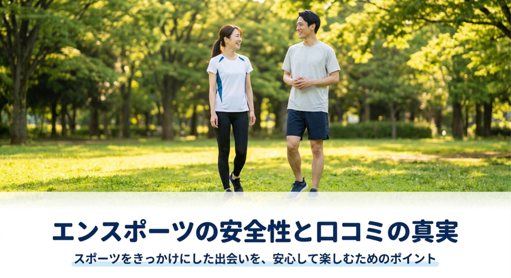 公園のベンチで会話する男女の写真と、エンスポーツのサクラや業者への不安を解消するための安全な利用方法を紹介する表紙