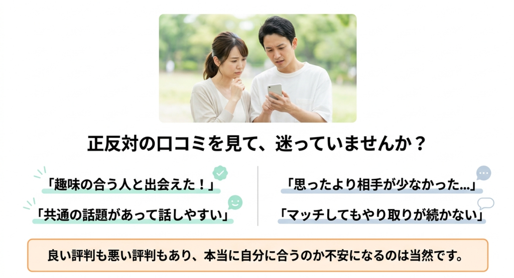 「趣味の合う人と出会えた」「共通の話題があって話しやすい」という良い口コミと、「思ったより相手が少なかった」「マッチしてもやり取りが続かない」という悪い口コミを比較したスライド