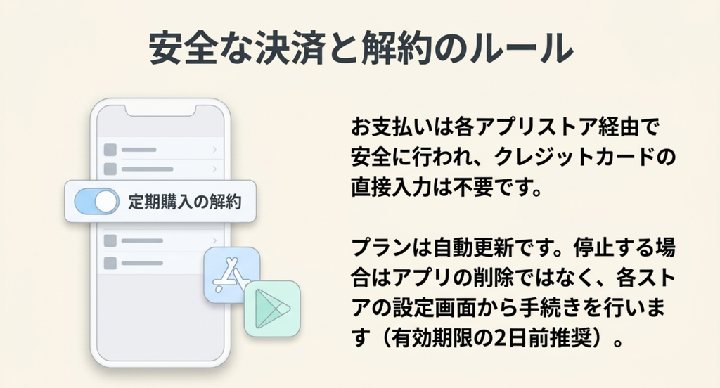 エンスポーツの決済と解約の注意点をまとめた図解。スマートフォンの定期購入画面とApp Store・Google Playのアイコンを配置し、支払いはアプリストア経由で行うこと、有料プランは自動更新されること、アプリ削除では解約されず有効期限の2日前までの停止を推奨することを説明している。