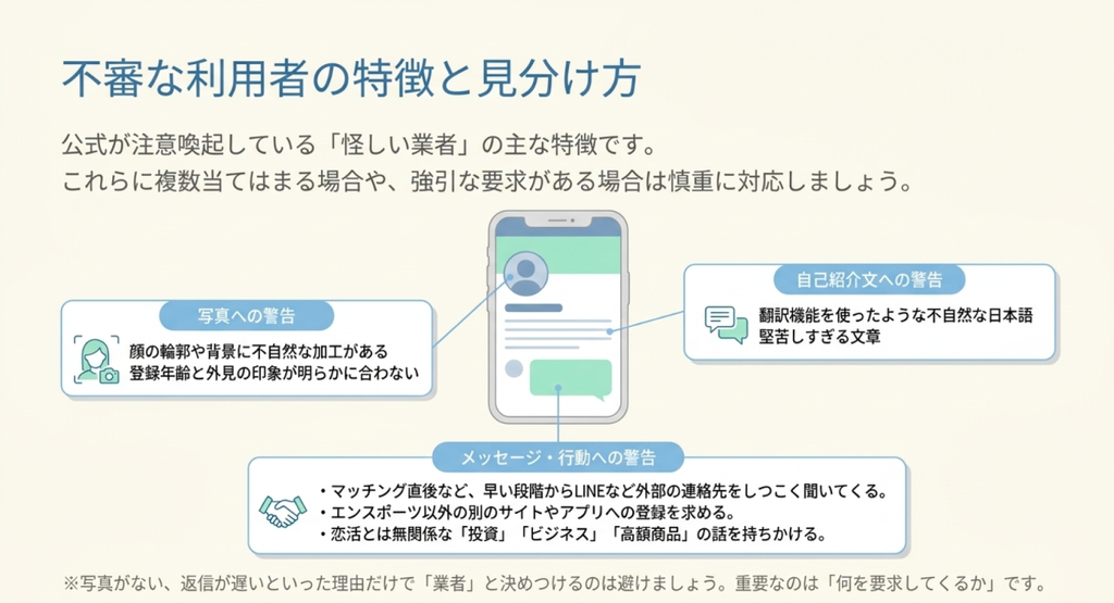 不自然に加工されたプロフィール写真、翻訳したような日本語、LINEなどへの誘導、投資や高額商品の勧誘といった不審な利用者の特徴を示した図解