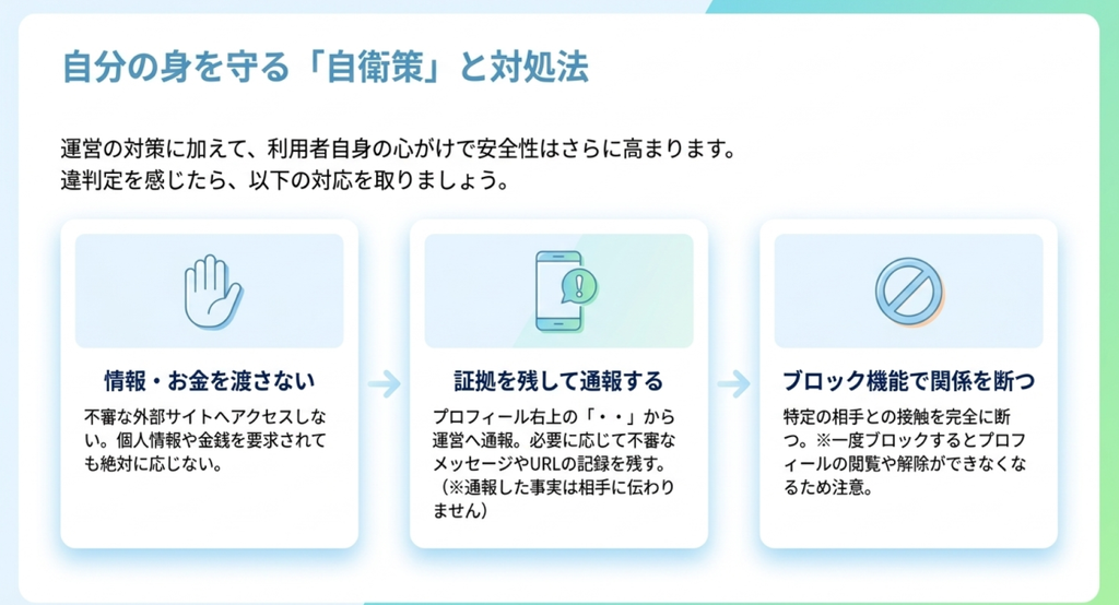 不審な相手に個人情報や金銭を渡さず、必要な証拠を保存して運営へ通報し、ブロック機能で接触を断つまでの手順を示した図解