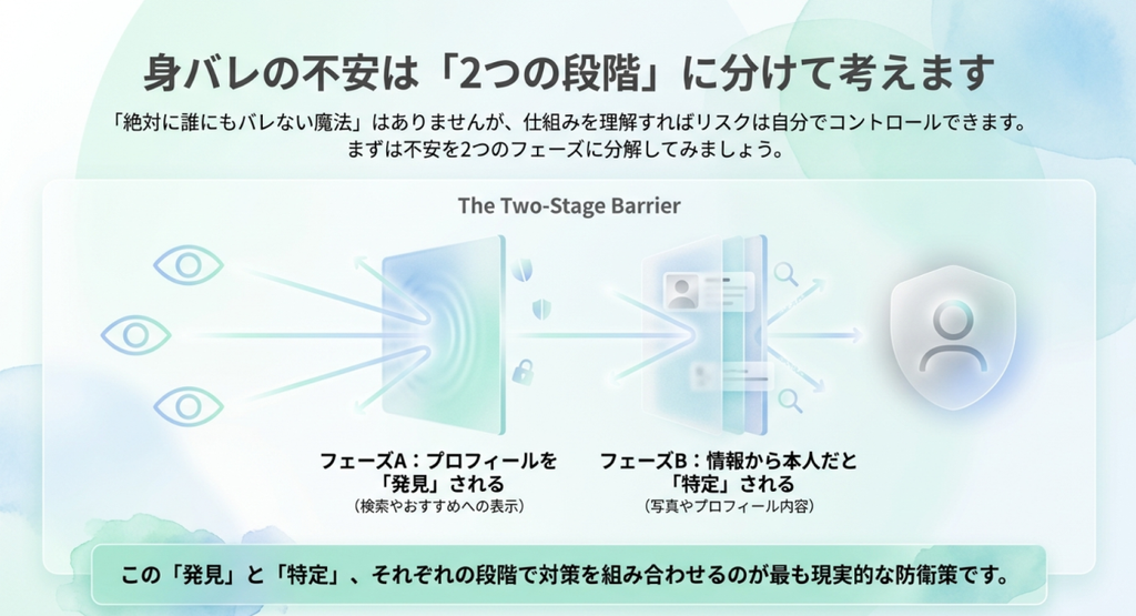 身バレを、検索やおすすめでプロフィールを発見されるフェーズAと、写真やプロフィール内容から本人だと特定されるフェーズBの2段階に分けた図解